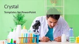  Presentation with testing assessments - Presentation design consisting of testing soap in the lab background and a mint green colored foreground