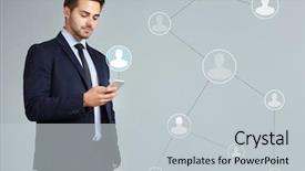  Presentation with human resources management - Colorful PPT layouts enhanced with socail crm - young man using smartphone backdrop and a light gray colored foreground
