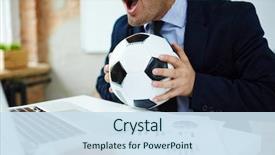  Presentation with broadcast - PPT theme featuring soccer - businessman watching online football match background and a sky blue colored foreground