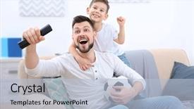  Presentation with father son hands - Colorful PPT theme enhanced with soccer - father and son watching football backdrop and a light blue colored foreground