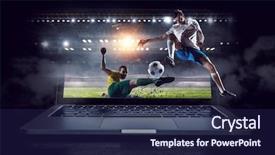  Presentation with media - Colorful slide deck enhanced with soccer - football hottest moments mixed media backdrop and a navy blue colored foreground
