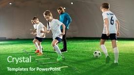  Presentation with kids soccer - Beautiful PPT theme featuring soccer - youthful kids in uniform exercising backdrop and a forest green colored foreground