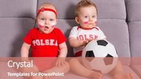  Presentation with soccer fans - Slide deck featuring soccer baby fans of poland background and a coral colored foreground
