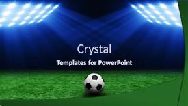  Presentation with stadium - Amazing PPT layouts having soccer-ball-on-green-stadium backdrop and a navy blue colored foreground