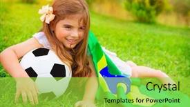  Presentation with free disco ball - PPT theme consisting of soccer camp - young cheerful football fan lying background and a yellow colored foreground