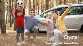  Presentation with pine forest - Theme having soccer camp - young couple with their little background and a coral colored foreground
