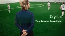  Presentation with football coach - Slide deck featuring soccer coach - rear view of football trainer background and a forest green colored foreground