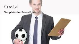 Presentation with sports management coach drawing soccer - PPT layouts featuring soccer coach hold with ball background and a  colored foreground