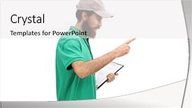  Presentation with notepad - Cool new slides with soccer coach holding a notepad backdrop and a white colored foreground