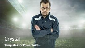  Presentation with coach - Audience pleasing PPT theme consisting of soccer coach stay at stadium backdrop and a gray colored foreground