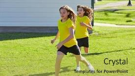  Presentation with football girls - Slide set with soccer in a park turf background and a yellow colored foreground