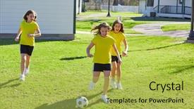  Presentation with football girls - Presentation design featuring soccer in a park turf background and a  colored foreground