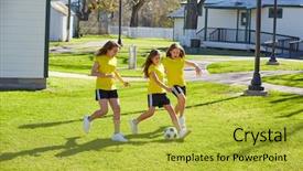  Presentation with football girls - PPT theme with soccer in a park turf background and a yellow colored foreground