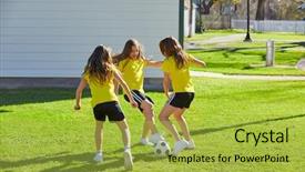  Presentation with football girls - Amazing PPT layouts having soccer in a park turf backdrop and a yellow colored foreground