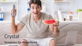  Presentation with eating - Amazing slide deck having soccer nutrition - man eating watermelon at home backdrop and a  colored foreground