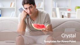  Presentation with eating - Audience pleasing PPT theme consisting of soccer nutrition - man eating watermelon at home backdrop and a  colored foreground