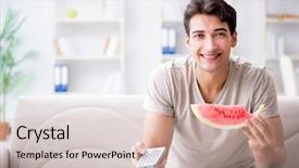  Presentation with home modiication - Slide deck having soccer nutrition - man eating watermelon at home background and a soft green colored foreground