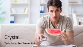  Presentation with ventilation home - Beautiful PPT layouts featuring soccer nutrition - man eating watermelon at home backdrop and a  colored foreground