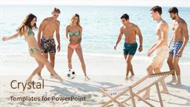  Presentation with beach ball - Amazing PPT layouts having soccer on shore at beach backdrop and a  colored foreground