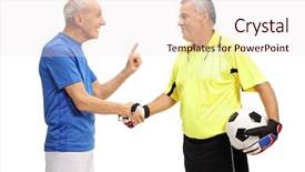  Presentation with shaking hands - Beautiful slide set featuring soccer player and a goalkeeper backdrop and a sky blue colored foreground