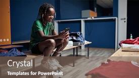  Presentation with locker room - Presentation theme consisting of soccer-player-before-training-listen background and a violet colored foreground
