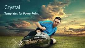  Presentation with soccer field - Audience pleasing presentation consisting of soccer player in dynamic action under sunset sky on the outdoor field backdrop and a ocean colored foreground