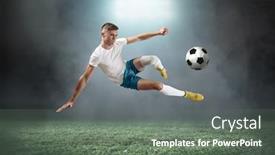  Presentation with shooting - Audience pleasing presentation theme consisting of soccer player on a football field in dynamic action at summer day under sky with clouds sporty man is shooting the ball outdoor backdrop and a gray colored foreground