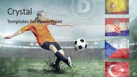  Presentation with teams - Cool new presentation theme with soccer player on field group of national teams backdrop and a light blue colored foreground