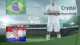  Presentation with teams - Presentation theme featuring soccer player stay at field game between two national teams background and a light blue colored foreground