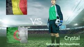  Presentation with teams - Slide set enhanced with soccer player stay at field game between two national teams background and a ocean colored foreground