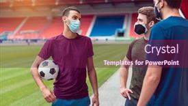  Presentation with football stadium - Audience pleasing presentation consisting of soccer-players-during-training-session backdrop and a violet colored foreground