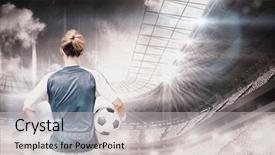  Presentation with sports arena - Theme consisting of soccer players equipment - rear view of woman football background and a light gray colored foreground