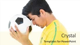  Presentation with football - Audience pleasing PPT theme consisting of soccer players equipment - side view of a tensed backdrop and a blonde colored foreground