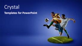  Presentation with soccer - Cool new presentation theme with soccer-players-on-round-pedestal backdrop and a navy blue colored foreground