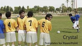  Presentation with penalty - PPT theme enhanced with soccer players preparing for a penalty kick background and a gold colored foreground
