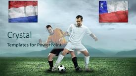  Presentation with teams - PPT theme having grand opening flag - soccer players stay at field background and a light blue colored foreground