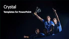  Presentation with victory team - Theme with soccer players team group celebrating the victory and become champion of game while holding win coup background and a black colored foreground