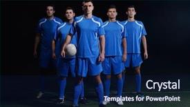  Presentation with team player - Audience pleasing PPT layouts consisting of soccer players team group isolated backdrop and a navy blue colored foreground