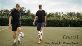  Presentation with soccer field - Colorful presentation design enhanced with soccer players training with balls on the field backdrop and a coral colored foreground