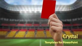  Presentation with football germany - PPT theme enhanced with hand holding up red card background and a tawny brown colored foreground