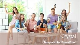  Presentation with home loan interest - Slides featuring soccer table - friends watching tv at home background and a coral colored foreground