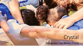  Presentation with huddle - Presentation design having soccer team forming huddle background and a coral colored foreground