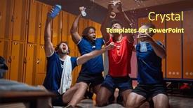  Presentation with gold trophy - Presentation design featuring soccerball-players-in-the-dressing background and a tawny brown colored foreground