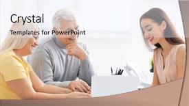  Presentation with social - Audience pleasing PPT layouts consisting of social adjustment - senior couple meeting with consultant backdrop and a sky blue colored foreground