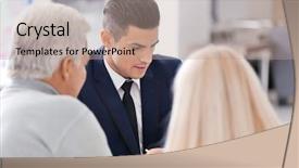  Presentation with active seniors senior couple - Cool new presentation design with social adjustment - senior couple meeting with consultant backdrop and a coral colored foreground