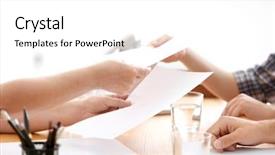  Presentation with lawyer client meeting wearing mask - Slide set featuring social adjustment - woman handing documents to her background and a white colored foreground