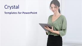  Presentation with notary - Presentation consisting of social adjustment - young female notary with tablet background and a sky blue colored foreground