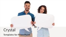  Presentation with speech and language impairment - Cool new slide set with social ads - smiling casual couple holding speech backdrop and a  colored foreground