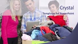  Presentation with donation - Beautiful PPT theme featuring social assistance - volunteer group with clothing donation backdrop and a sky blue colored foreground