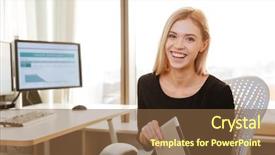  Presentation with computer vision and image processing - Slide set consisting of social business - image of laughing woman worker background and a  colored foreground